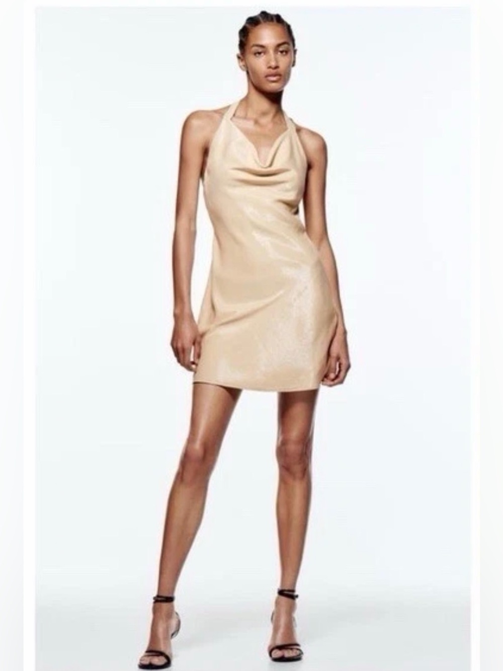 Zara Beige Halter Cowl Mini Dress
